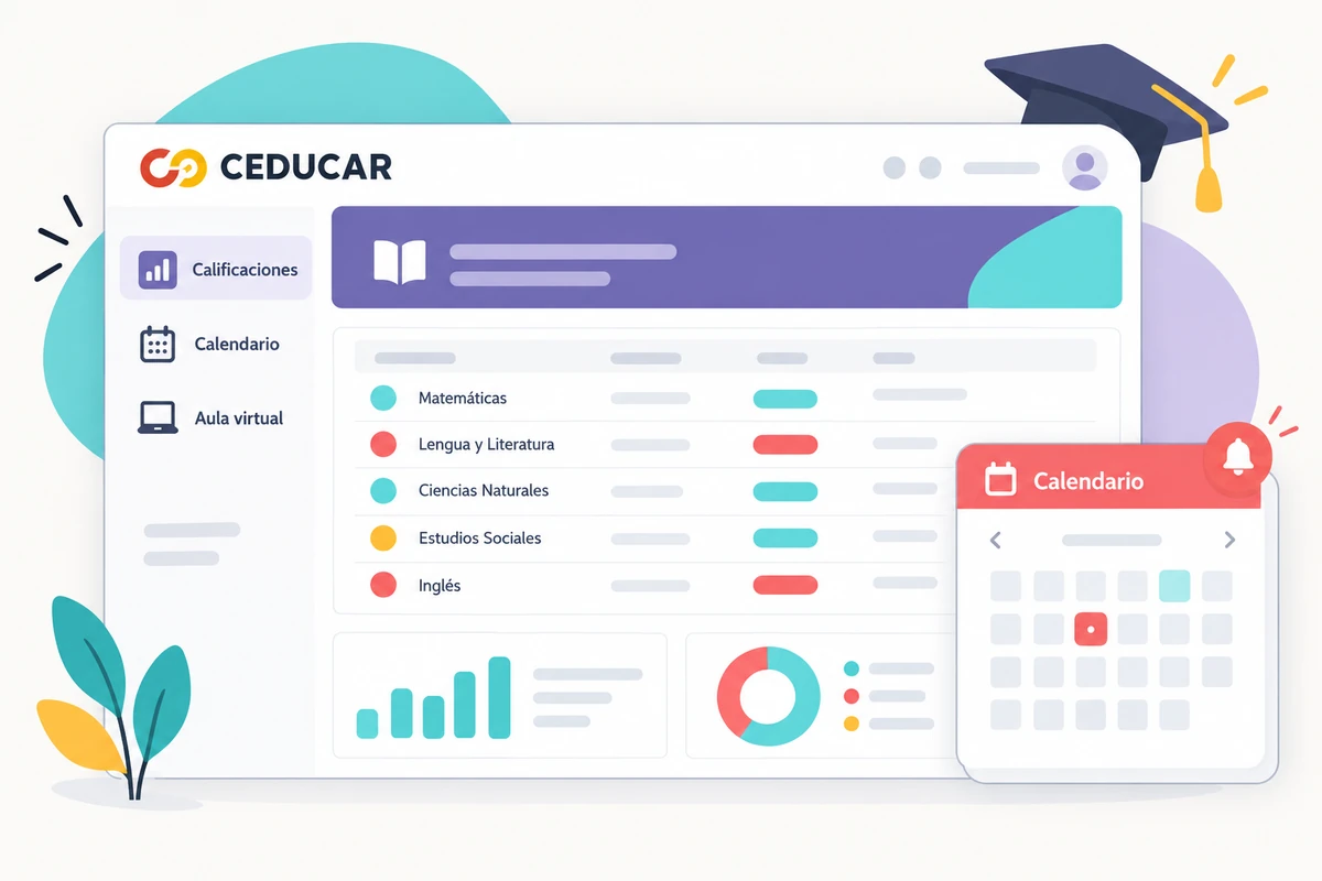 Illustrated CEDUCAR dashboard with grades and calendar modules.
