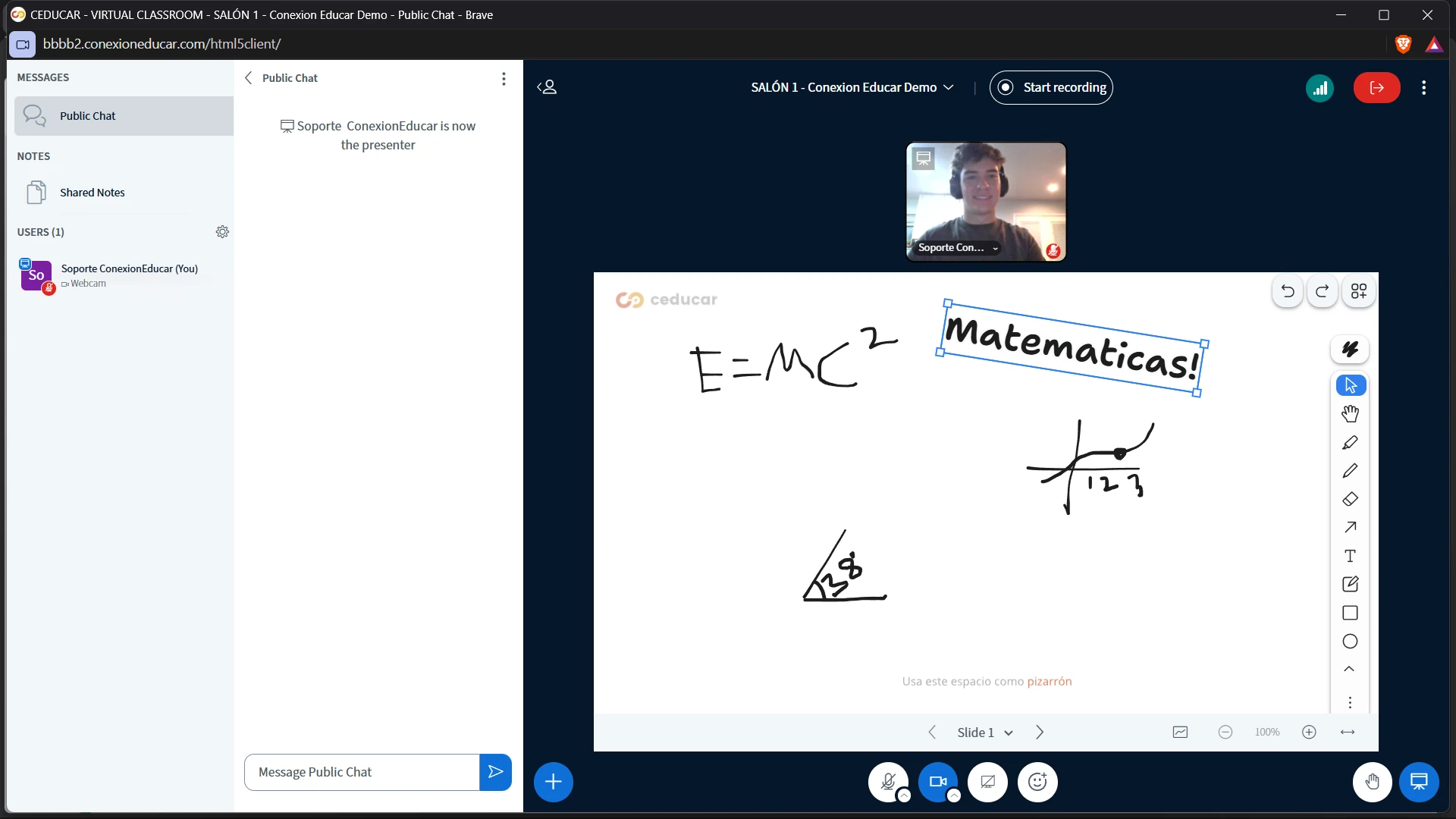 CEDUCAR virtual classroom with a shared whiteboard during a live lesson.