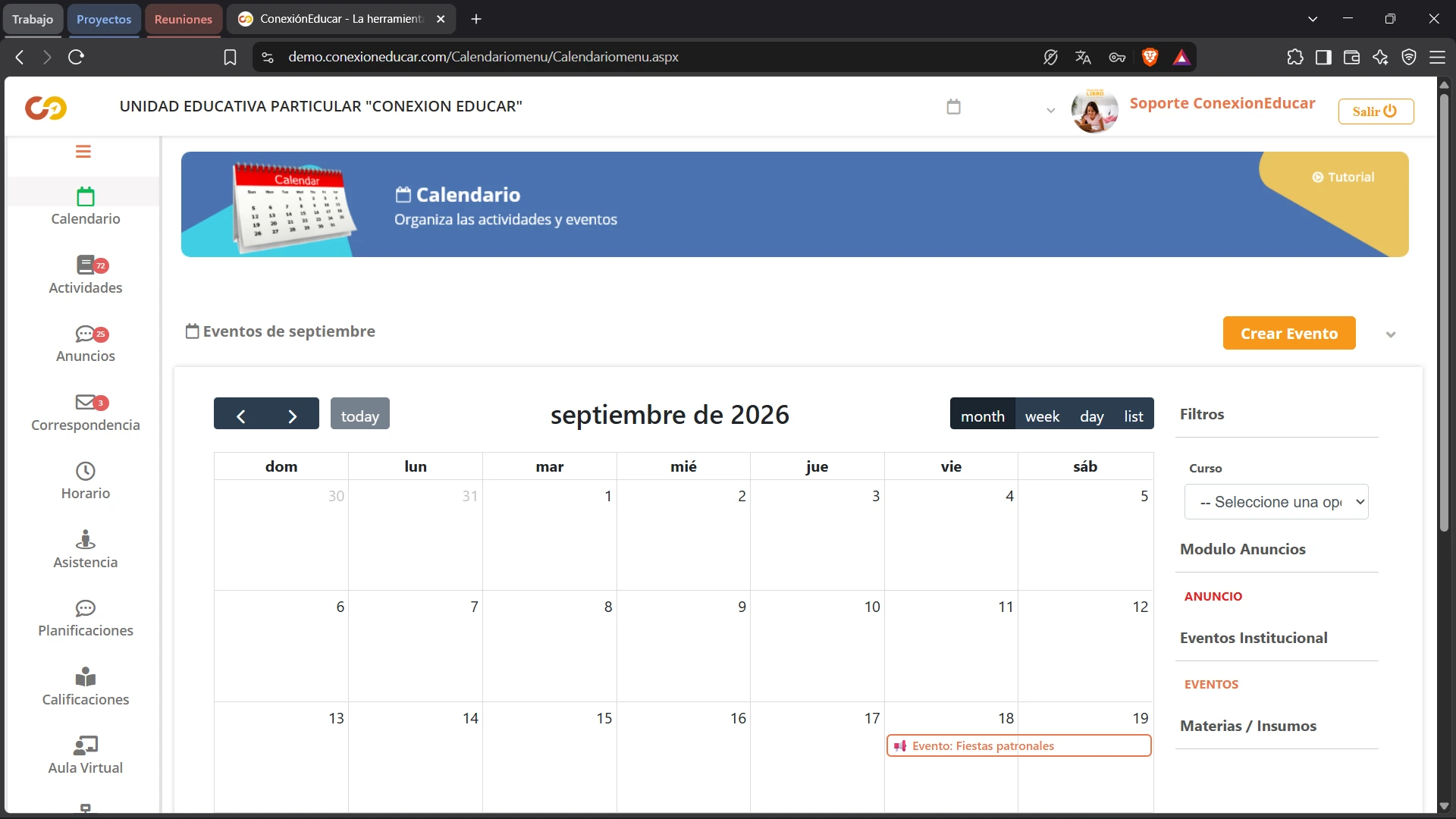 Grades screen of the CEDUCAR platform: student rows with scores, levels and comments.