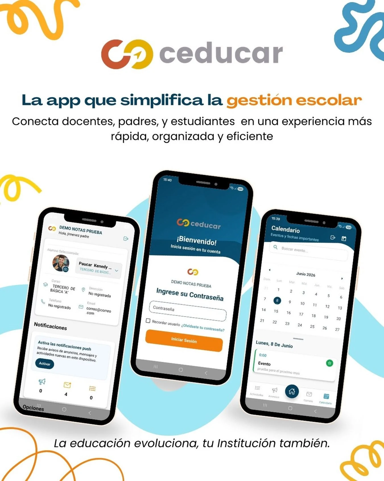 CEDUCAR mobile app campaign with login, notifications and school calendar screens. Spanish-language client artwork.