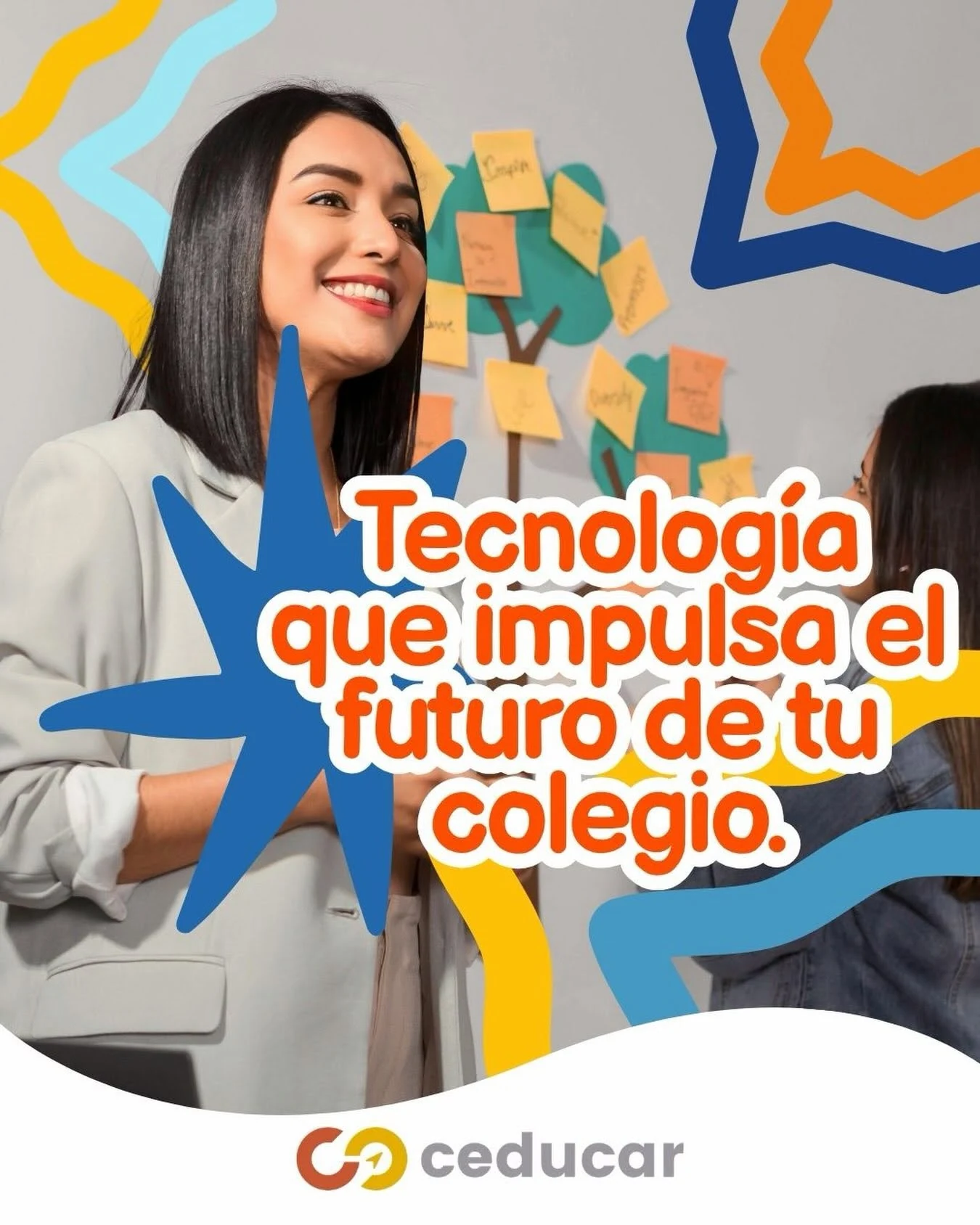 CEDUCAR school technology campaign featuring a teacher and colorful graphic shapes. Spanish-language client artwork.
